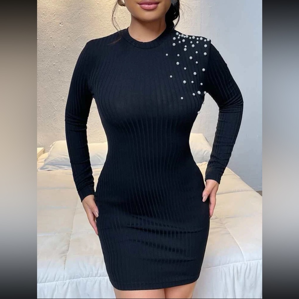 Pearls Beaded Rib-Knit Bodycon Dress (XS/2)